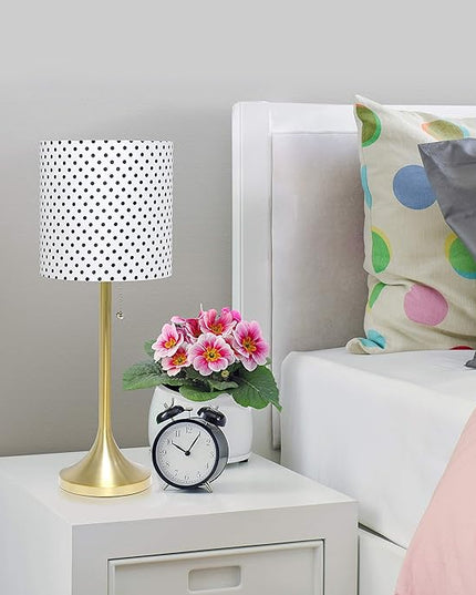 Simple Designs LT1076-GDD Tapered Fabric Drum Shade Table Lamp, Gold and Polka Dot - LeafyLoom
