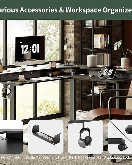 FEZIBO 63" L Shaped Standing Desk with 4 Drawers, Electric Standing Gaming Desk Adjustable Height, Corner Stand up Desk with Splice Board, Black Frame/Black Top - LeafyLoom