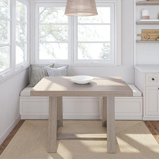 Plank+Beam 48 Inch Farmhouse Dining Table, Rustic Solid Wood Kitchen Table, Dinner Table for Dining Room, Home Office Furniture, Seashell Wirebrush - LeafyLoom