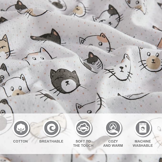 Comfort Spaces Cotton Flannel Breathable Warm, Deep Pocket Sheets with Pillow Case Bedding, Queen, Grey/Pink Cats 4 Piece - LeafyLoom