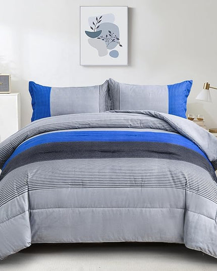 WONGS BEDDING Blue Comforter Set King Reversible Grey Blue Down Alternative Comforter for King Bed,3 Pieces (1 Comforter+2 Pillowcases), Soft Microfiber Bedding Duvet Set 104"×90" - LeafyLoom