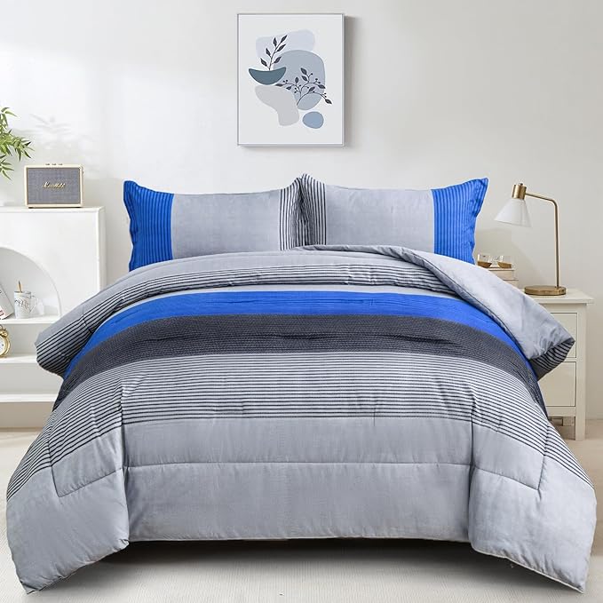 WONGS BEDDING Blue Comforter Set King Reversible Grey Blue Down Alternative Comforter for King Bed,3 Pieces (1 Comforter+2 Pillowcases), Soft Microfiber Bedding Duvet Set 104"×90" - LeafyLoom