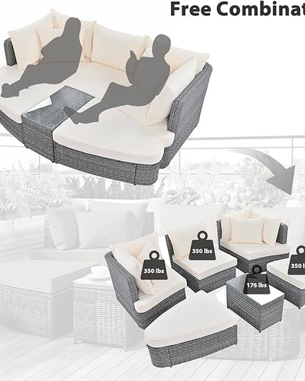 6-Piece Patio Round Sofa Set Rattan Daybed with Coffee Table and Cushions, Outdoor Furniture Conversation Sectional Seating Group for Garden, Poolside, Backyard, Onesize, Beige - LeafyLoom