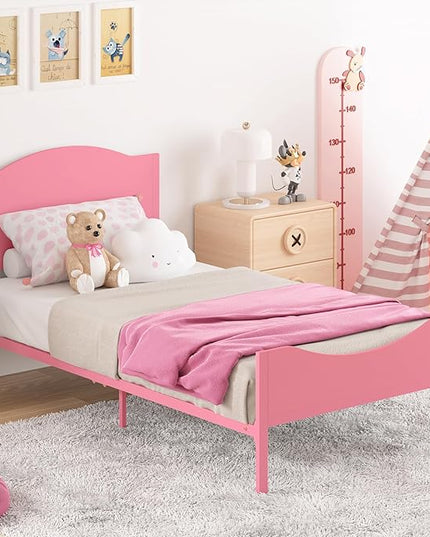 Timy Pink Kids Twin Bed Frame with Wooden Headboard and Footboard, Metal Platform Bed Frame for Boys Girls Teens Adults, Modern Kids Bed Furniture, No Box Spring Needed - LeafyLoom