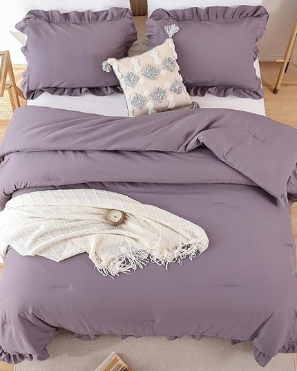 JANZAA California King Comforter Set Grayish Purple Ruffle Comforter 3PCS Soft Fluffy Boho Comforter Vintage Farmhouse Bed Comforter Set Shabby Chic Bedding with 2 Pillowcases for All Season - LeafyLoom