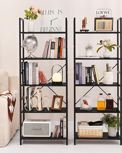 Yoobure 5 Tier Bookshelf - Tall Book Shelf Modern Bookcase for CDs/Movies/Books, Rustic Book Case Industrial Bookshelves Book Storage Organizer for Bedroom Home Office Living Room Black - LeafyLoom