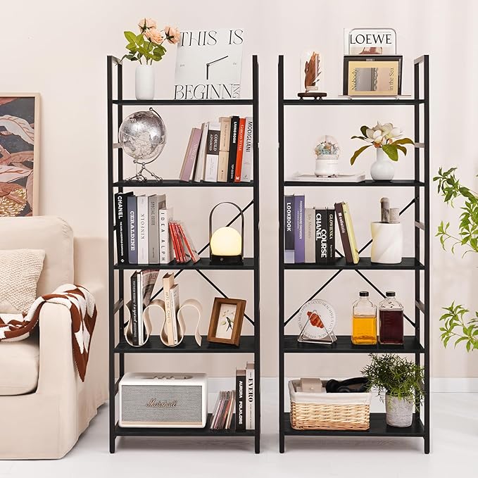 Yoobure 5 Tier Bookshelf - Tall Book Shelf Modern Bookcase for CDs/Movies/Books, Rustic Book Case Industrial Bookshelves Book Storage Organizer for Bedroom Home Office Living Room Black - LeafyLoom