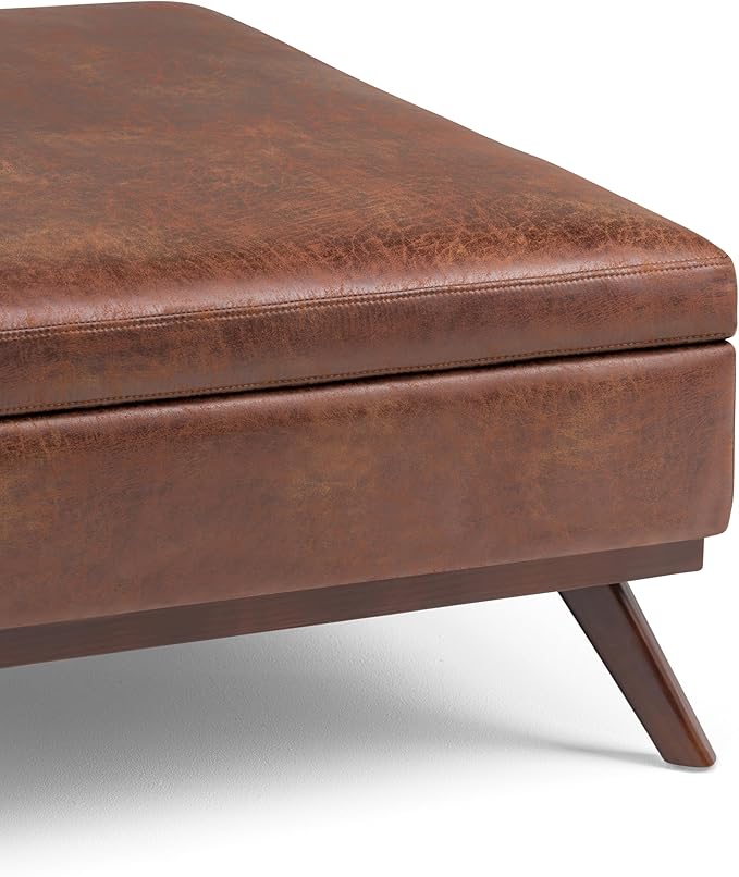 SIMPLIHOME Owen 36 Inch Wide Mid Century Modern Square Coffee Table Lift Top Storage Ottoman in Upholstered Distressed Saddle Brown Faux Leather, For the Living Room - LeafyLoom