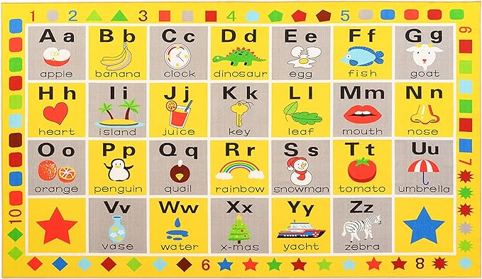 Booooom Jackson ABC Rug, 3.3 x 4.9 ft, Educational Area Rug for Kids, Non-Slip Polyester Rug with Alphabet, Shapes, Animals & Fruits, Perfect for Playroom, Nursery, Classroom - LeafyLoom