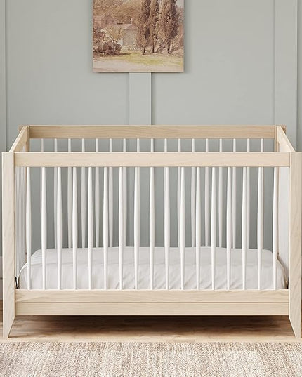 Babyletto Sprout 4-in-1 Convertible Crib with Toddler Bed Conversion Kit in Washed Natural and White, Greenguard Gold Certified - LeafyLoom