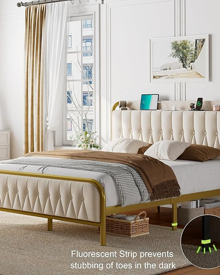 Feonase Full Bed Frame with Type-C & USB Port, Metal Platform Beds, with Velvet Upholstered Headboard & Footboard, 12" Underbed Storage Space, Easy Assembly, Noise-Free, Beige - LeafyLoom