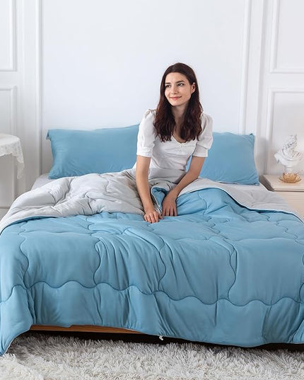 COTTEBED Reversible Light Blue and Grey Bed Comforter Twin Set, Jersey Knit T-Shirt Feel Ultra-Soft Lightweight Bedding Blanket Quilt & Pillowcase for Kid Boy Girl College Dorm All Season(Twin/TwinXL) - LeafyLoom