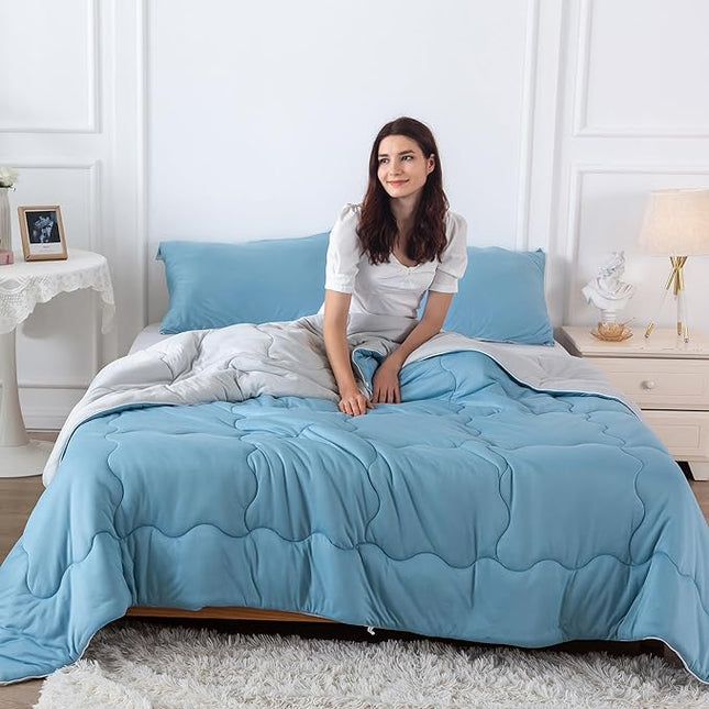 COTTEBED Reversible Light Blue and Grey Bed Comforter Twin Set, Jersey Knit T-Shirt Feel Ultra-Soft Lightweight Bedding Blanket Quilt & Pillowcase for Kid Boy Girl College Dorm All Season(Twin/TwinXL) - LeafyLoom