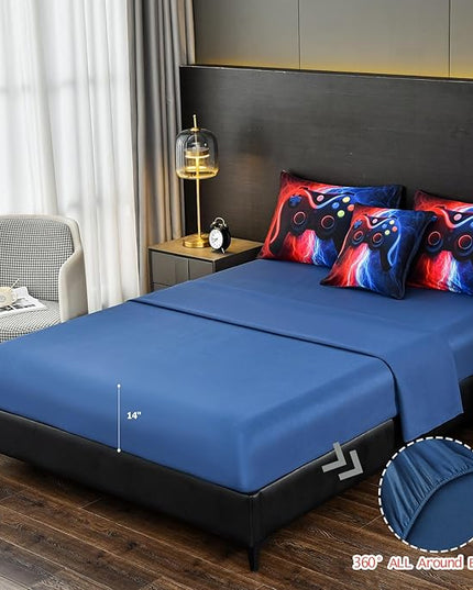 DORCAS Gamer Comforter Sets with Sheets for Boys,Twin Size Gamer Bedding Sets Boys,6 Pieces Lightning Gaming Comforter Set for Boys Kids Teens (Red&Blue, Twin) - LeafyLoom