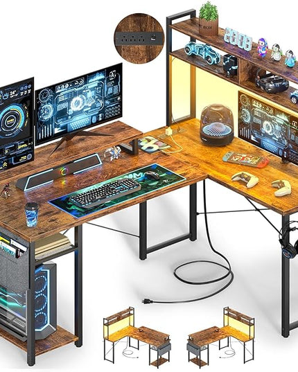 Small L Shaped Gaming Desk with Power Outlets, 48" Reversible L Shaped LED Computer Desk with Monitor Stand & Storage Shelf, Corner Gamer Desk Home Office Desk with Storage Bag, Rustic Brown - LeafyLoom