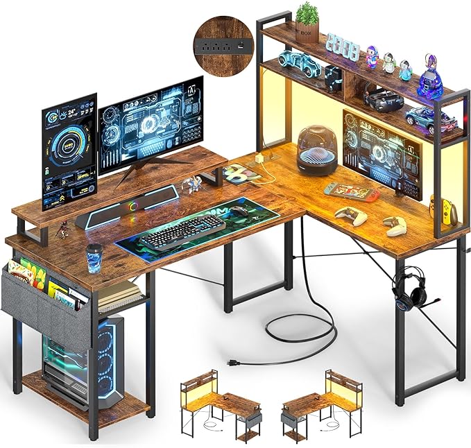 Small L Shaped Gaming Desk with Power Outlets, 48" Reversible L Shaped LED Computer Desk with Monitor Stand & Storage Shelf, Corner Gamer Desk Home Office Desk with Storage Bag, Rustic Brown - LeafyLoom