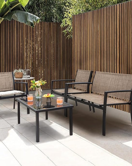 Greesum 4 Pieces Patio Furniture Set Outdoor Conversation Textilene Fabric Chairs for Lawn, Garden, Balcony, Poolside with A Glass Coffee Table, Beige - LeafyLoom