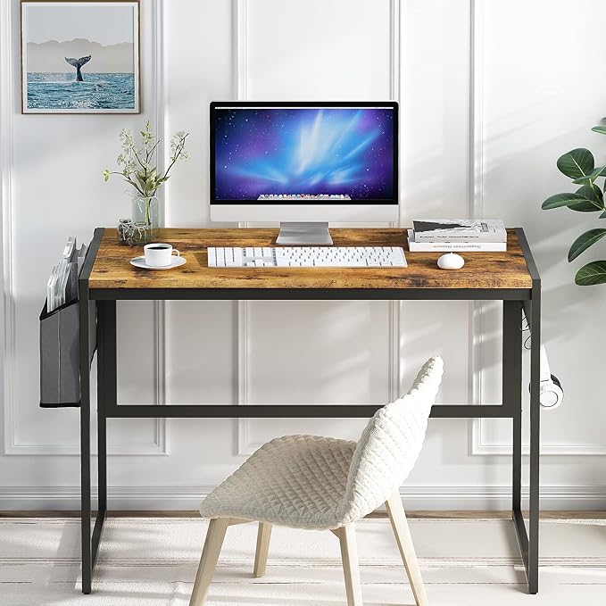 DKLGG Computer Desk 39" Home Office Desk Laptop Study Table Workstation with A Storage Bag and Headphone Hook Retro Industrial Design Small Computer Desk for Teens, Brown - LeafyLoom