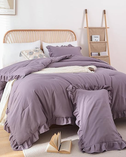 JANZAA California King Comforter Set Grayish Purple Ruffle Comforter 3PCS Soft Fluffy Boho Comforter Vintage Farmhouse Bed Comforter Set Shabby Chic Bedding with 2 Pillowcases for All Season - LeafyLoom