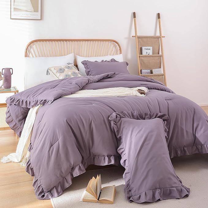 JANZAA California King Comforter Set Grayish Purple Ruffle Comforter 3PCS Soft Fluffy Boho Comforter Vintage Farmhouse Bed Comforter Set Shabby Chic Bedding with 2 Pillowcases for All Season - LeafyLoom