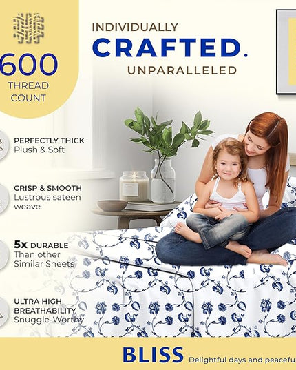 THREAD SPREAD 100% Egyptian Cotton Printed Bed Sheets - 600 Thread Count 4 PC Queen Sheet Set, Hotel Luxury Sateen Bedsheets, 16" Deep Pocket Soft Cooling Sheets for Queen Size Bed - Floral Blue - LeafyLoom