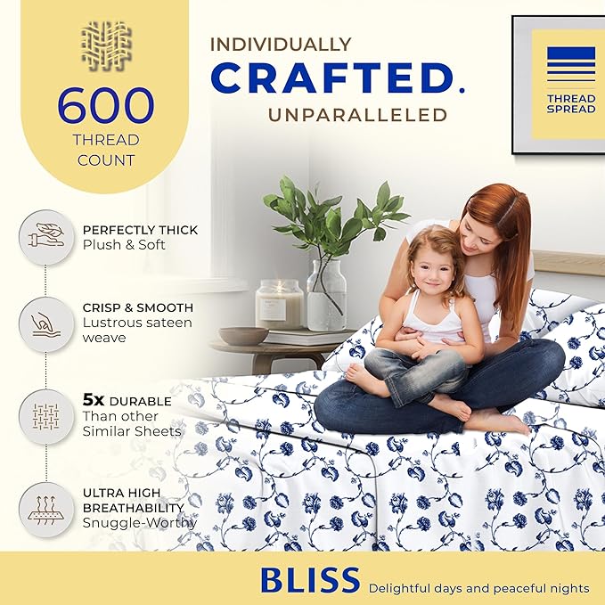 THREAD SPREAD 100% Egyptian Cotton Printed Bed Sheets - 600 Thread Count 4 PC Queen Sheet Set, Hotel Luxury Sateen Bedsheets, 16" Deep Pocket Soft Cooling Sheets for Queen Size Bed - Floral Blue - LeafyLoom