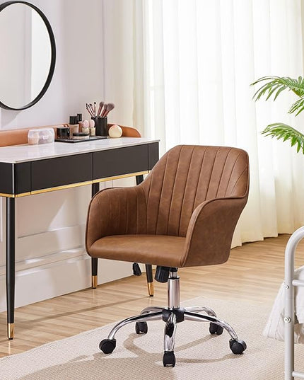 Yaheetech Modern Faux Leather Desk Chair Height Adjustable Task Chair Swivel Office Chair Makeup Chair Computer Chair Mid Back Chair Living Room Chairs with Arms Retro Brown - LeafyLoom