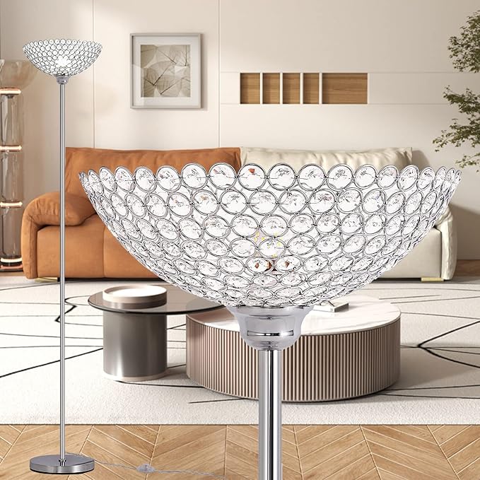 Spherical Crystal Floor Lamp, 1-Light Modern Chrome Finish Floor Lamp, Crystal Floor Lamp Fixture for Living Room, Bedroom, Dining Room, Office, E26 Base, LED Bulb Included - LeafyLoom