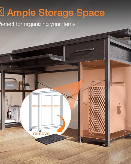 ODK Computer Desk with Drawers & Power Outlet, 55 Inch Office Desk with Keyboard Tray & Storage Shelves & PC Stand, Office Table Work Desk with Monitor Stand, Black - LeafyLoom