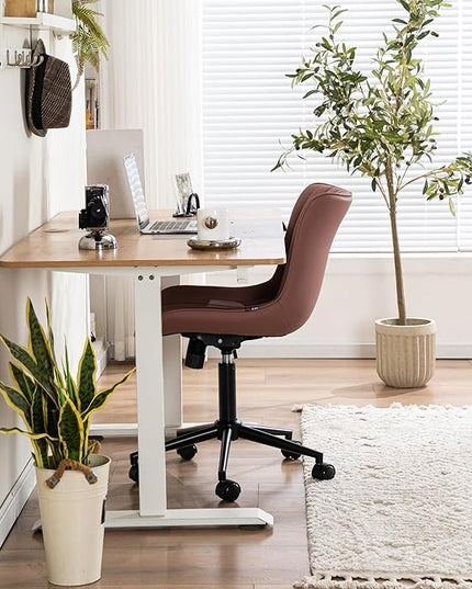 YOUNIKE Armless Office Chair with Wheels Leather Swivel Desk Chair Upholstered Adjustable Computer Task Chair Modern Rolling Vanity Chair Rocking Gaming Chair Dusty Rose Pink - LeafyLoom