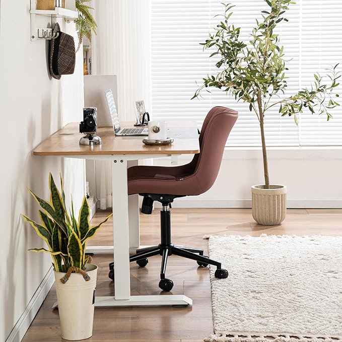 YOUNIKE Armless Office Chair with Wheels Leather Swivel Desk Chair Upholstered Adjustable Computer Task Chair Modern Rolling Vanity Chair Rocking Gaming Chair Dusty Rose Pink - LeafyLoom