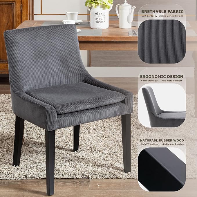COLAMY Modern Dining Chairs Set of 4, Upholstered Corduroy Accent Side Leisure Chairs with Mid Back and Wood Legs for Living Room/Dining Room-Grey - LeafyLoom