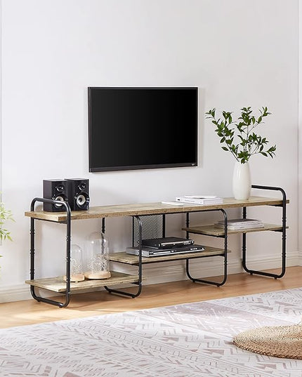 VECELO Industrial Television Entertainment Center Console Stand with Three Open Storage Shelves for Living Room/Bedroom, Classic Grey, 75 inch TV, Gray - LeafyLoom
