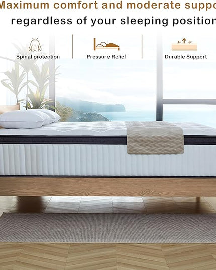 Queen Mattress, 12 Inch Innerspring Hybrid Mattress in a Box with Gel Memory Foam, Individually Wrapped Encased Coil Pocket Spring Mattress, Pressure Relief, Medium Firm Support, 60"*80"*12" - LeafyLoom