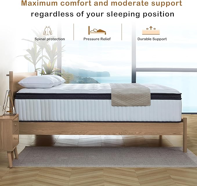 Full Mattress, 12 Inch Innerspring Hybrid Mattress in a Box with Gel Memory Foam, Individually Wrapped Encased Coil Pocket Spring Mattress, Pressure Relief, Medium Firm Support,54"*75"*12" - LeafyLoom