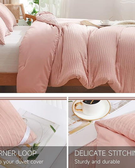 Blush Seersucker Comforter Set Full Size (79x90 in), 3 Pieces Soft Crinkled Textured Comforter with 2 Pillowcases, Lightweight Microfiber Down Alternative Bedding Set for All Season - LeafyLoom