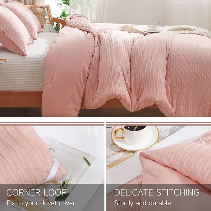 Blush Seersucker Comforter Set King Size (104x90 in), 3 Pieces Soft Crinkled Textured Comforter with 2 Pillowcases, Lightweight Microfiber Down Alternative Bedding Set for All Season - LeafyLoom