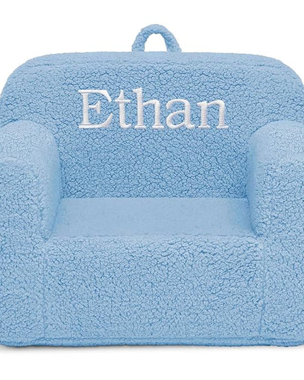 Delta Children Personalized Sherpa Cozee Chair - Customize with Name – Foam Kids Chair for Ages 18 Months and Up, Powder Blue - LeafyLoom