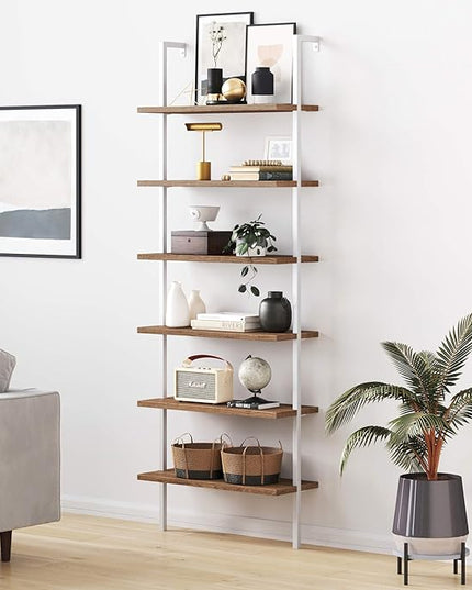 Nathan James Theo 6-Shelf Tall Bookcase, Wall Mount Bookshelf with Natural Wood Finish and Industrial Metal Frame, Rustic Oak/White - LeafyLoom