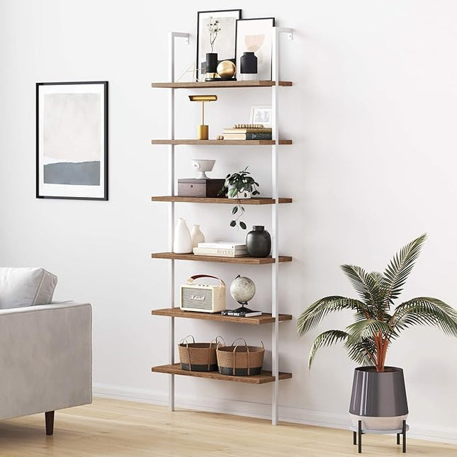 Nathan James Theo 6-Shelf Tall Bookcase, Wall Mount Bookshelf with Natural Wood Finish and Industrial Metal Frame, Rustic Oak/White - LeafyLoom