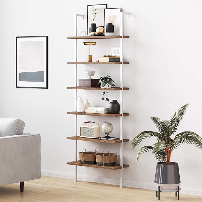 Nathan James Theo 6-Shelf Tall Bookcase, Wall Mount Bookshelf with Natural Wood Finish and Industrial Metal Frame, Rustic Oak/White - LeafyLoom
