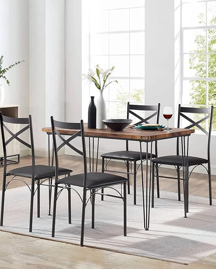 VECELO Kitchen Room Table 5-Piece Modern Metal and Wood Rectangular Breakfast Dinette with Chairs, Black, Dining Set for 4 - LeafyLoom