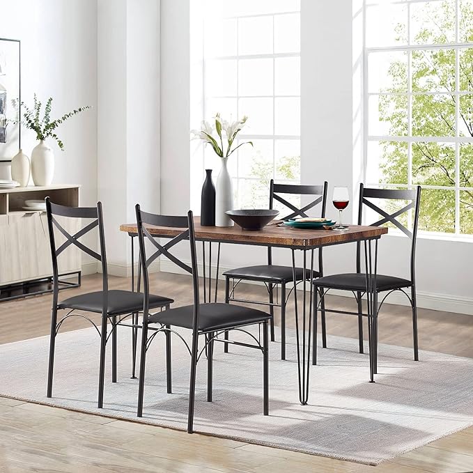 VECELO Kitchen Room Table 5-Piece Modern Metal and Wood Rectangular Breakfast Dinette with Chairs, Black, Dining Set for 4 - LeafyLoom