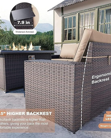 Kullavik 7 Pieces Outdoor Patio Furniture Set with 43" 55000BTU Gas Propane Fire Pit Table PE Wicker Rattan Sectional Sofa Patio Conversation Sets,Khaki - LeafyLoom