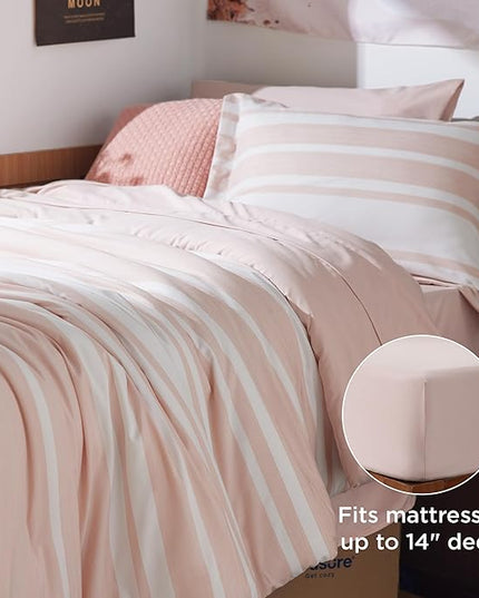 Bedsure Twin XL Comforter Set for College Girls, Pink Striped Bedding Comforter Sets All Season Bed Set with 1 Pillow Sham, Flat Sheet, Fitted Sheet and 1 Pillowcase - LeafyLoom