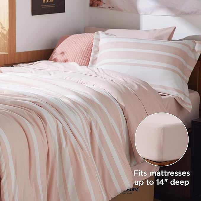 Bedsure Twin XL Comforter Set for College Girls, Pink Striped Bedding Comforter Sets All Season Bed Set with 1 Pillow Sham, Flat Sheet, Fitted Sheet and 1 Pillowcase - LeafyLoom