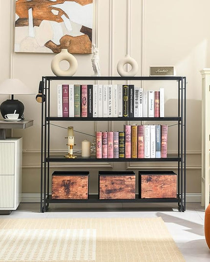 HCHQHS Bookshelf, 4-Tier Industrial Bookcase, Black Open Book Shelf, Freestanding Tall Bookshelves with Metal Frame - LeafyLoom