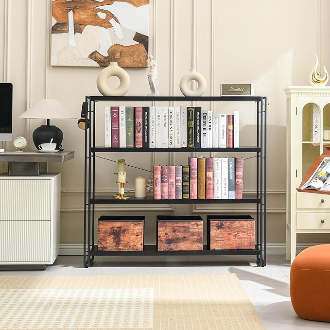 HCHQHS Bookshelf, 4-Tier Industrial Bookcase, Black Open Book Shelf, Freestanding Tall Bookshelves with Metal Frame - LeafyLoom