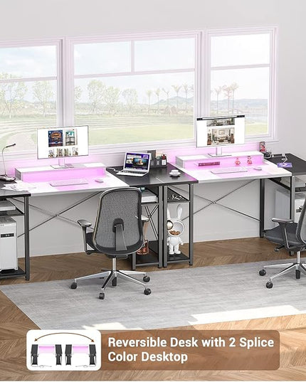 armocity Computer Desk with LED Lights, 55 Inch Desk with Power Outlet and USB, Reversible Large Desk with Moveable Monitor Stand, 55.2'' Gaming PC Table for Home Office, Workstation, White and Black - LeafyLoom