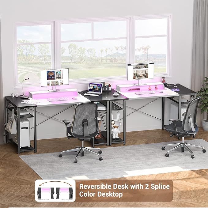 armocity Computer Desk with LED Lights, 48 Inch Desk with Power Outlet and USB, Reversible Large Desk with Moveable Monitor Stand, 48'' Gaming PC Table for Home Office, Workstation, White and Black - LeafyLoom